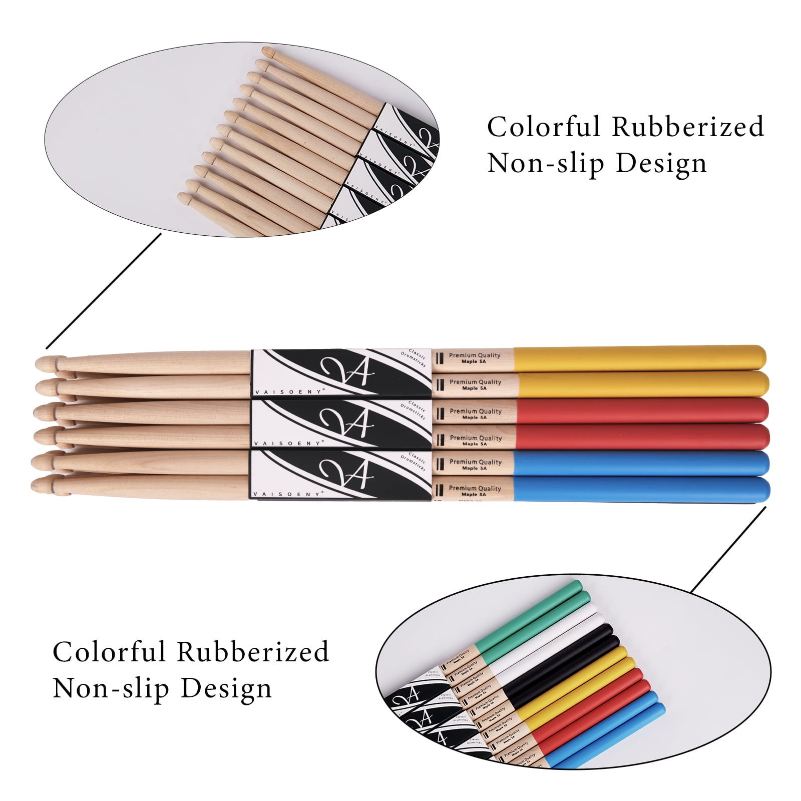 Vaisoeny Drum Sticks with Non-slip Rubber handle,5A Drum Sticks for Adults,12 Pairs Classic Maple Wood Drumsticks for Kids , Professional Musical Instrument Percussion Accessories