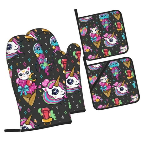 

Daiia Cat Icecream Pattern Oven Mitts and Pot Holders 4 pcs Set High Heat Resistant 500 Degree Extra Thicken Long Kitchen Cotton Oven Glove