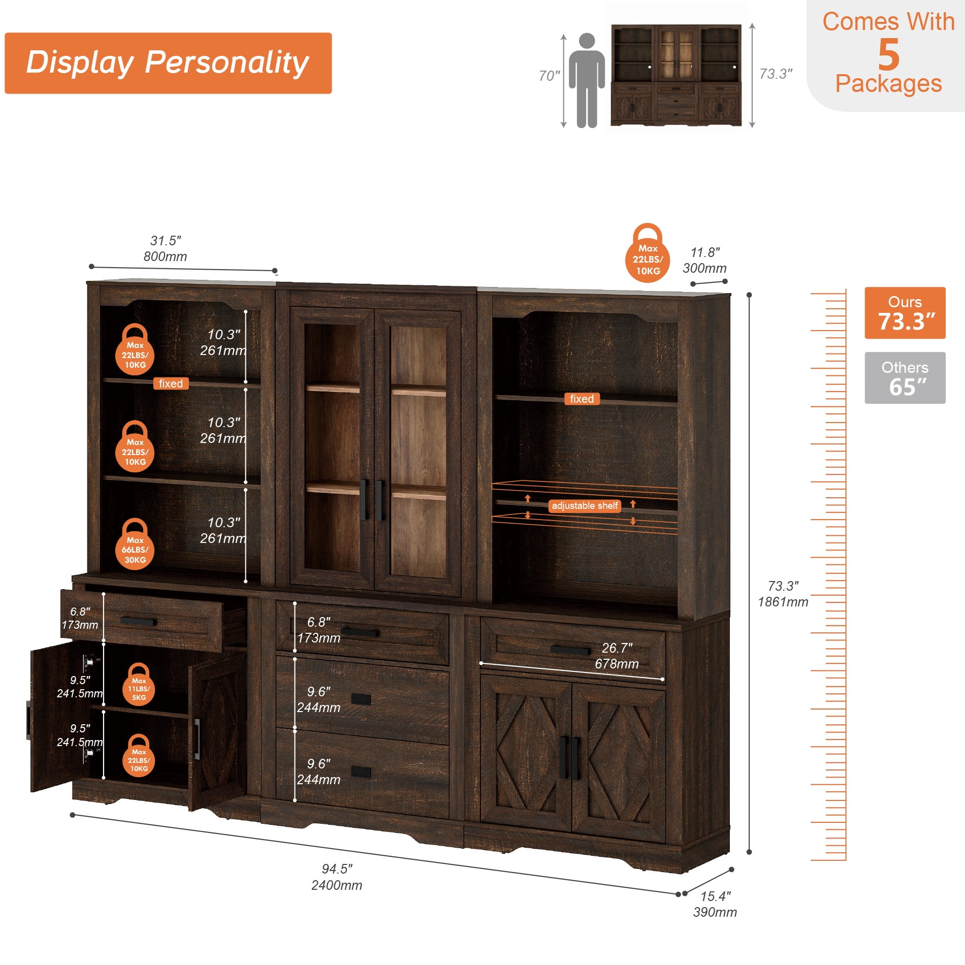 WAMPAT Modern Farmhosue 3-Column BookShelf Set,5 Tier Book Shelf with Open Storage and Glass Doors,73"H Tall Wood Bookcase with Storage Cabinet and Drawers for Study,Bedroom,Living Room,Rustic Brown
