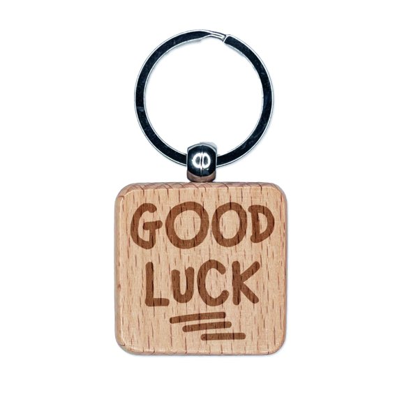 Good Luck Cute Text Square Keychain Charm Tag - Engraved Wood