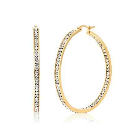 2' Round Button Earrings Jewelry - 2 Inch Stainless Steel Yellow Plated High Shine Inside-Out Hoop Earrings With CZ
