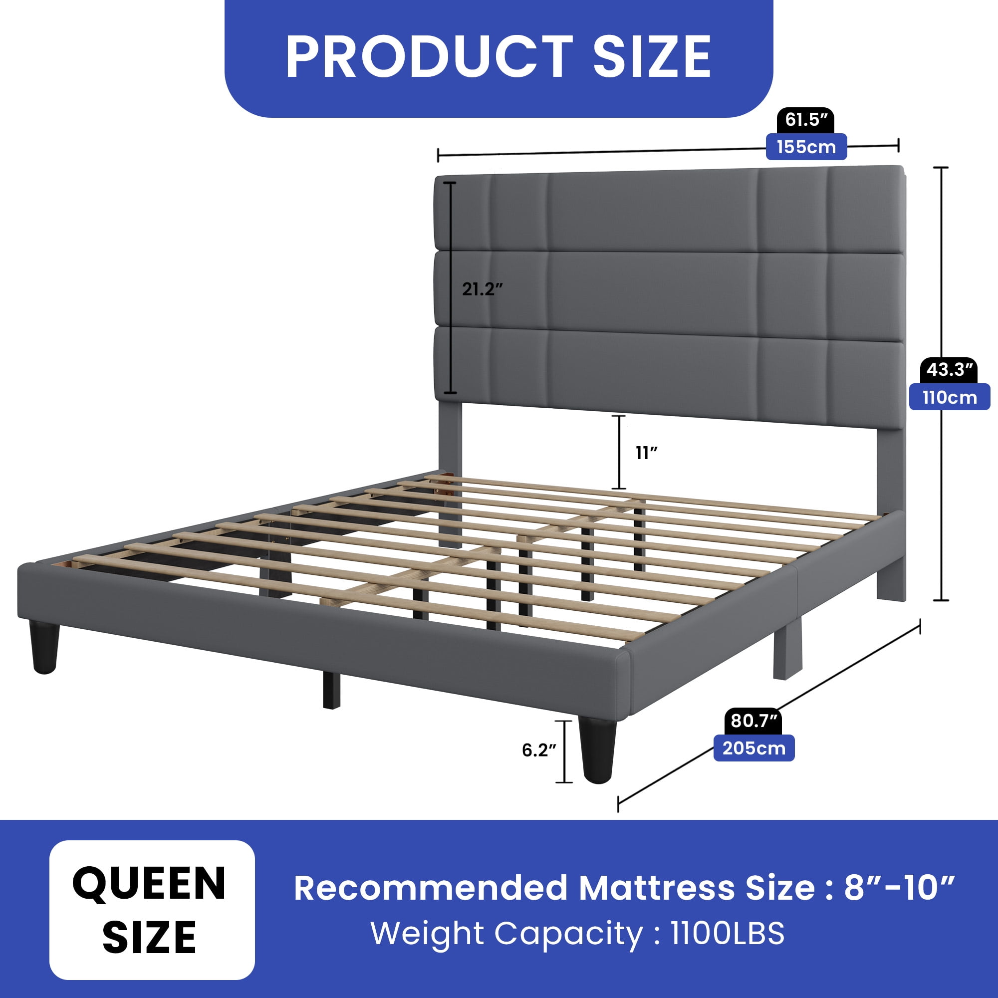 ModFusion - Modern Queen Size Bed Frame, Robust Metal & Wood Construction, Easy Assembly, 43.3" Linen Upholstered Headboard, Gray