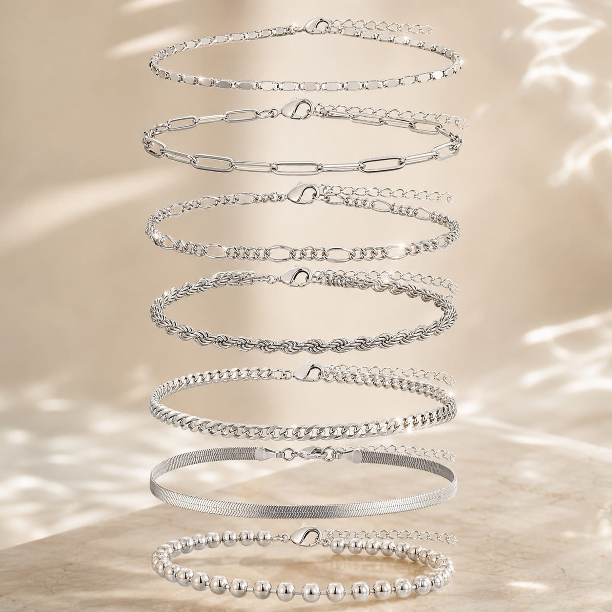 7Pcs Ankle Bracelets for Women Waterproof, S925 Sterling Silver Anklets Jewelry Layered Cuban Chain Herringbone Cute Anklets Set Pack Summer Beach Gift for Her
