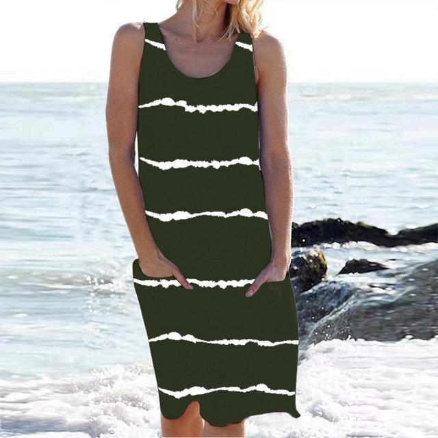 Nouvelle Robe Rayée pour Femmes Col Rond Sans Manches Robe Moulante Imprimée Robe Décontractée Style Tribal Élégant Robe Imprimée avec Poche