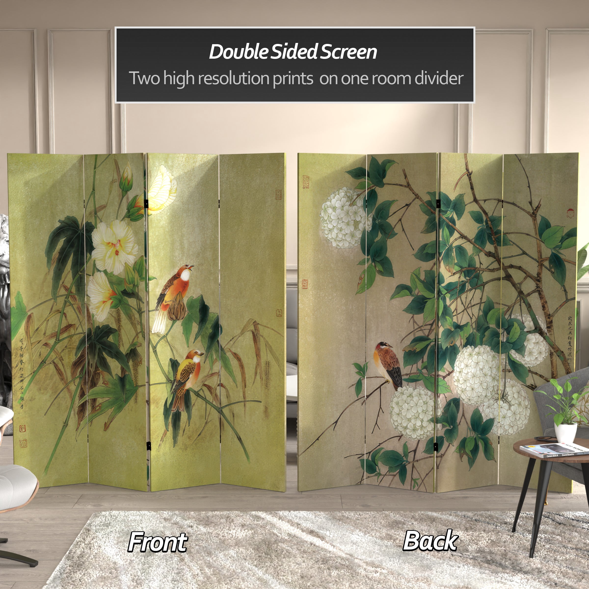 Oriental Furniture 6 Feet Tall Double Sided Birds in the Trees Canvas Room Divider