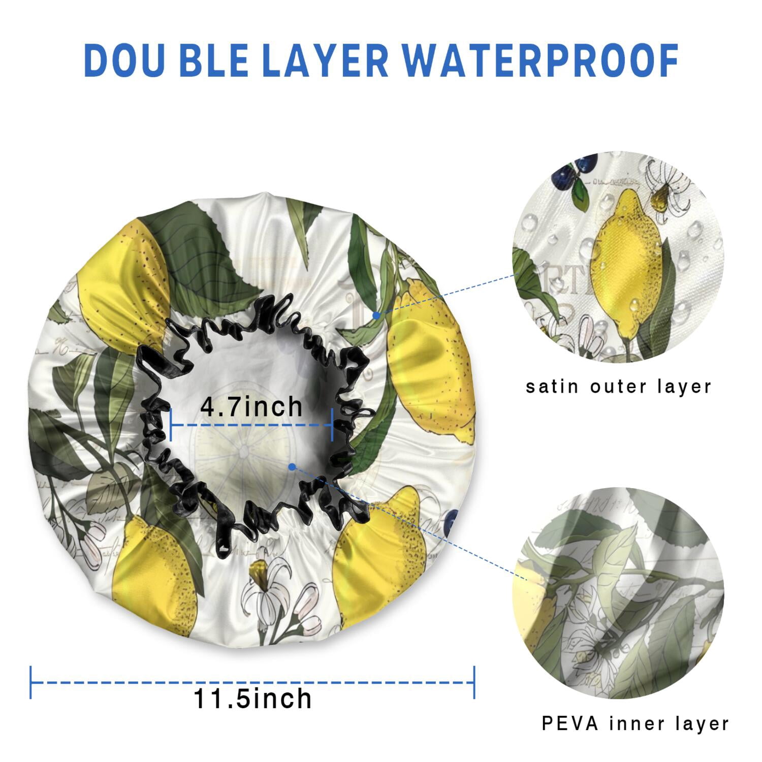 Shower Caps,Yellow Lemon Fruit Berries Beige Pattern Waterproof Shower Cap for Women 4 Pieces,Double Reusable Hair Cover for Shower PEVA Elastic Stretch Hem