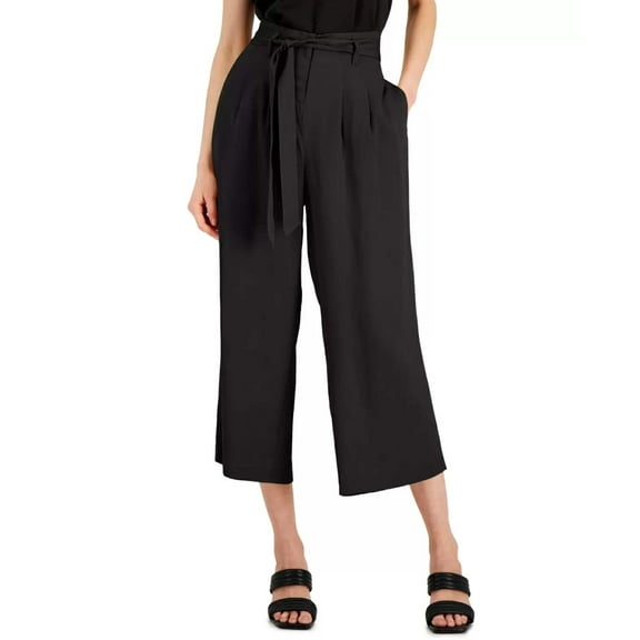 Women's Tie-Waist Cropped Wide-Leg Pants Deep Black 10