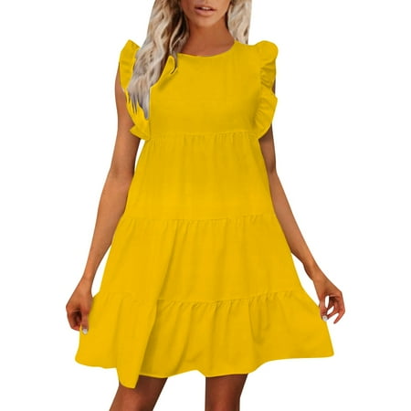 OJSFQUFP Cute Graduation Dresses for Women Yellow Ladies Summer Dress Beach Lace Dress Casual Wood Ear Edge Bohemian Dress Elegant and Stylish Dress Loose Dress L
