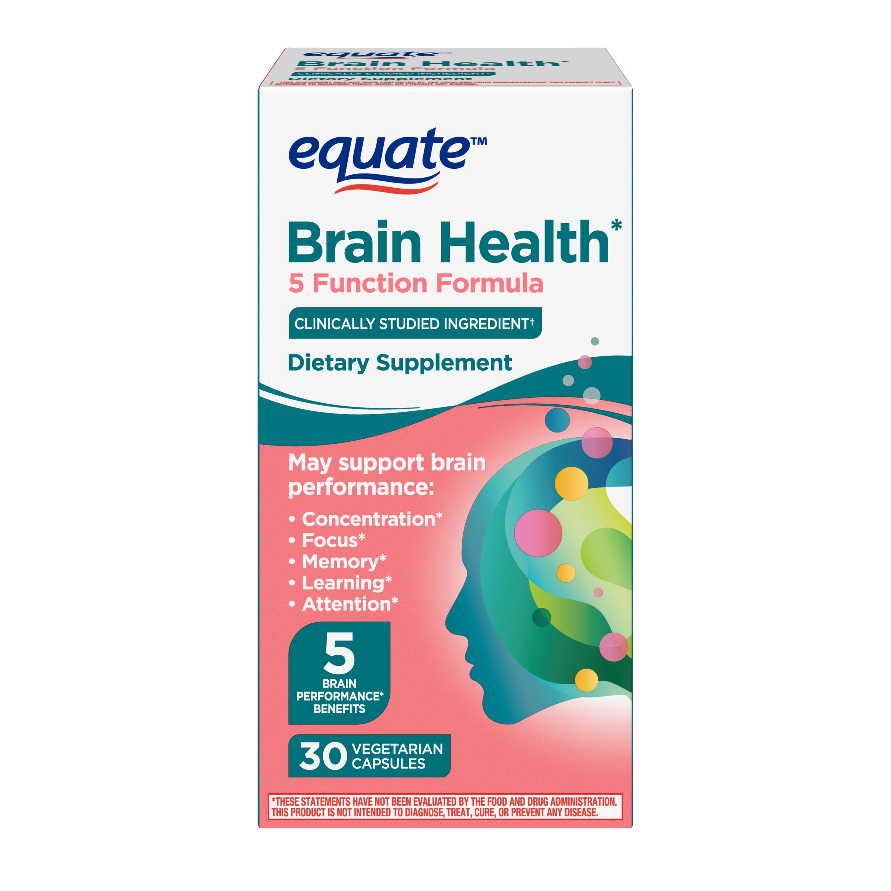 Equate Brain Health 5 Function Formula Capsules Dietary Supplement, 30 Count