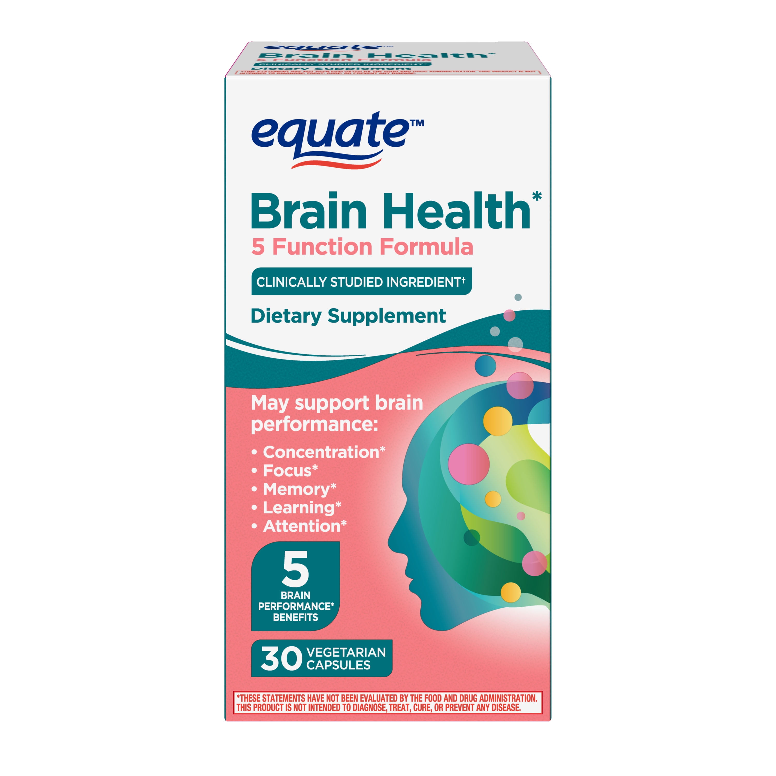 Equate Brain Health 5 Function Formula Capsules Dietary Supplement 30 