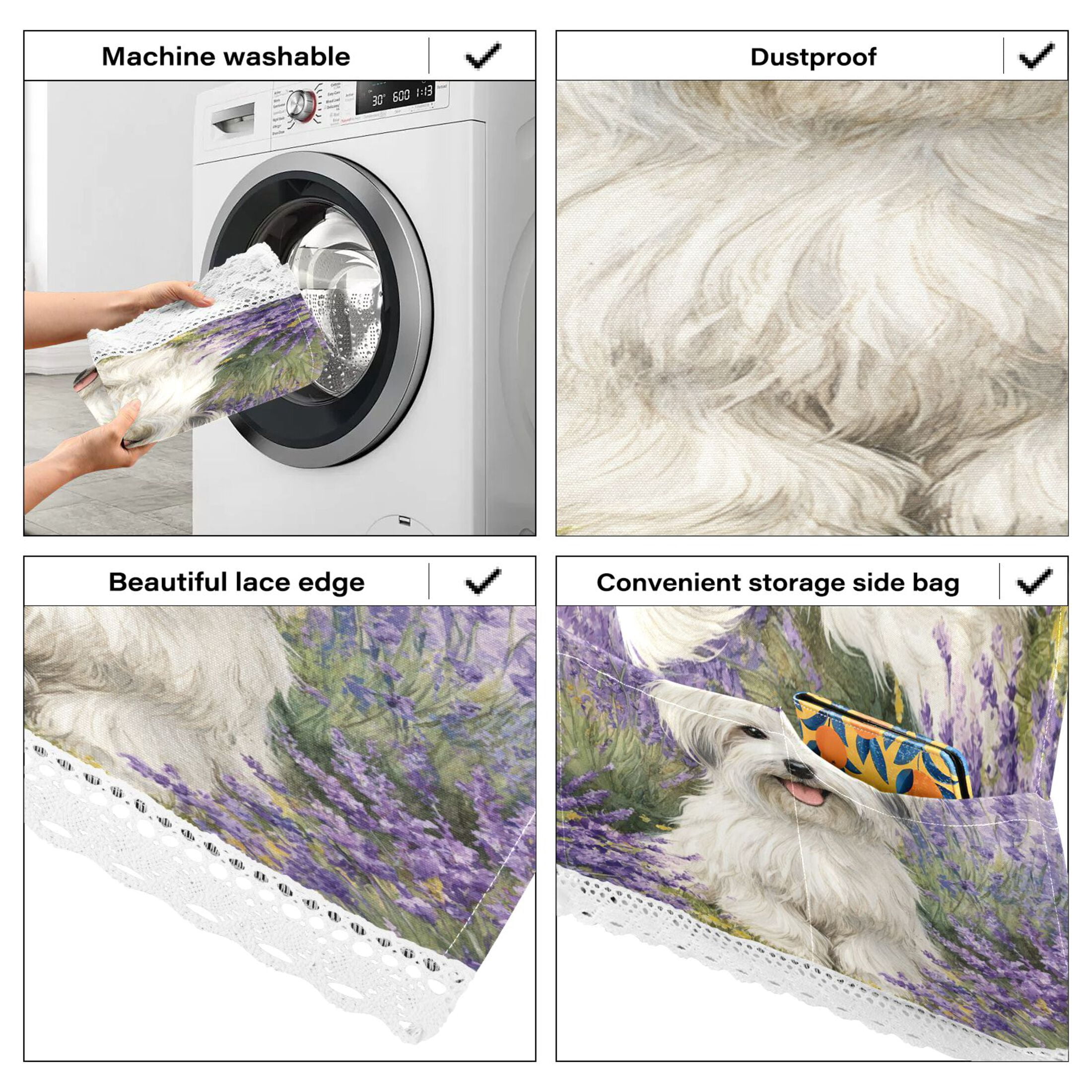 Washing Machine Cover 51.2x22in, Durable Polyester Dust Cover with Lace Trim and Side Pocket for Appliances Happy Havanese Dog