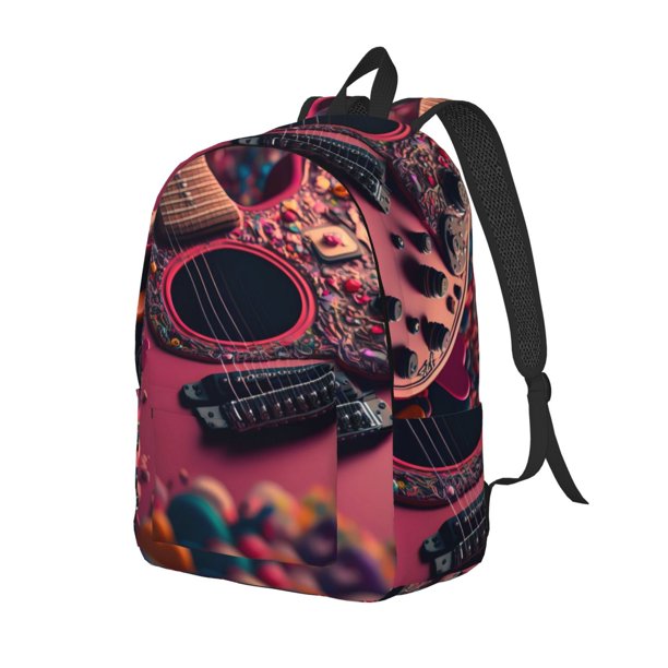 Disketp Romantic Heart Guitar print Canvas Backpack Lightweight Travel Daypack Student Rucksack Laptop Backpack-Small
