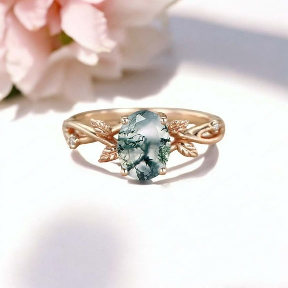 SHREENATHJEWELRY 8x6MM / 1.5CT Natural Moss Agate Engagement Ring CZ Diamond Leaf Twig Ring Nature Inspired Women Jewelry Art Deco Handmade Gift Ring