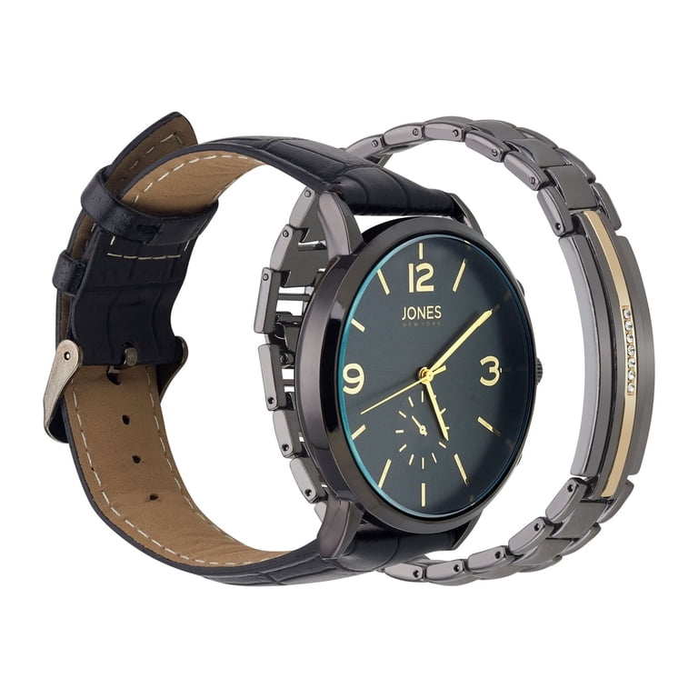 Jones New York Men's Analog Black PU Watch and Bracelet Set 42mm