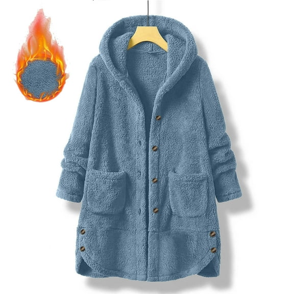Fnooota Womens Fleece Jackets, Hooded Mid-length Warm Loose Fit Winter Coats for Women Light blue Size S-2XL