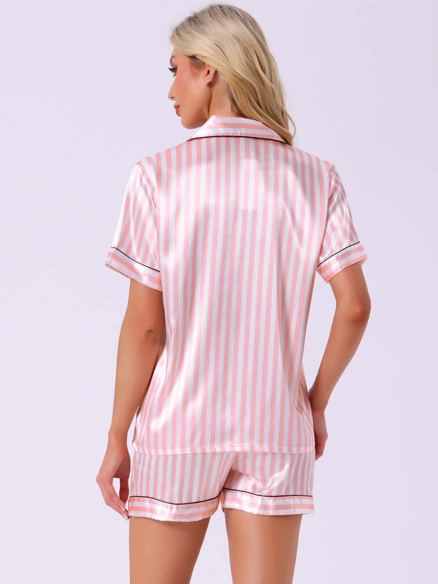 DARING DIVA Women's Hawaiian Shirt with Shorts Pajamas Set S Pink-Stripe