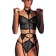 thumbnail image 2 of Conjunto de lencería con liga de encaje floral, escote en V profundo, conjunto de sujetador y braguita de 3 piezas, liga para mujer, color negro, talla M, 2 of 12