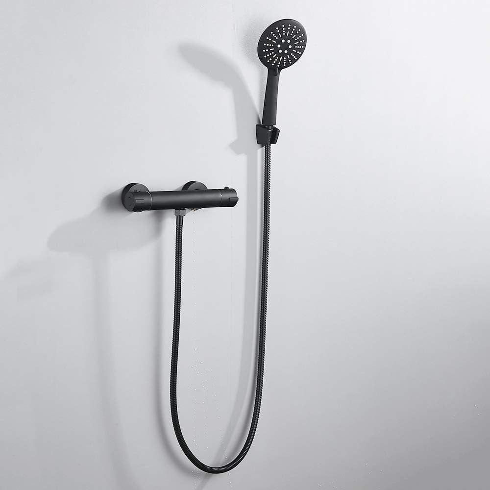 Bathroom Rainfall Black Shower Faucet Set Wall Mounted Copper Set with Hand Shower Head Bathtub Mixer Thermostatic Black Faucet