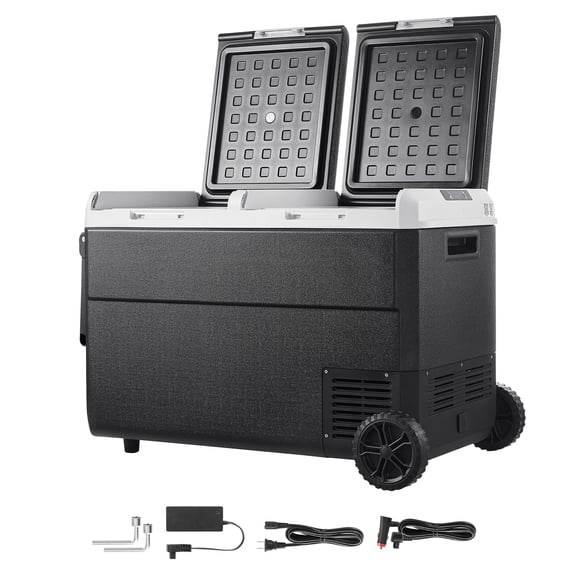 KFFKFF 12 Volt Portable Car Refrigerator, 100.4QT/95L Dual Zone Electric Cooler with Wheels and Handle, -4℉~68℉, 12/24V DC and 100-240V AC Compressor Freezer for Camping, Travel, RV, and Outdoor Use