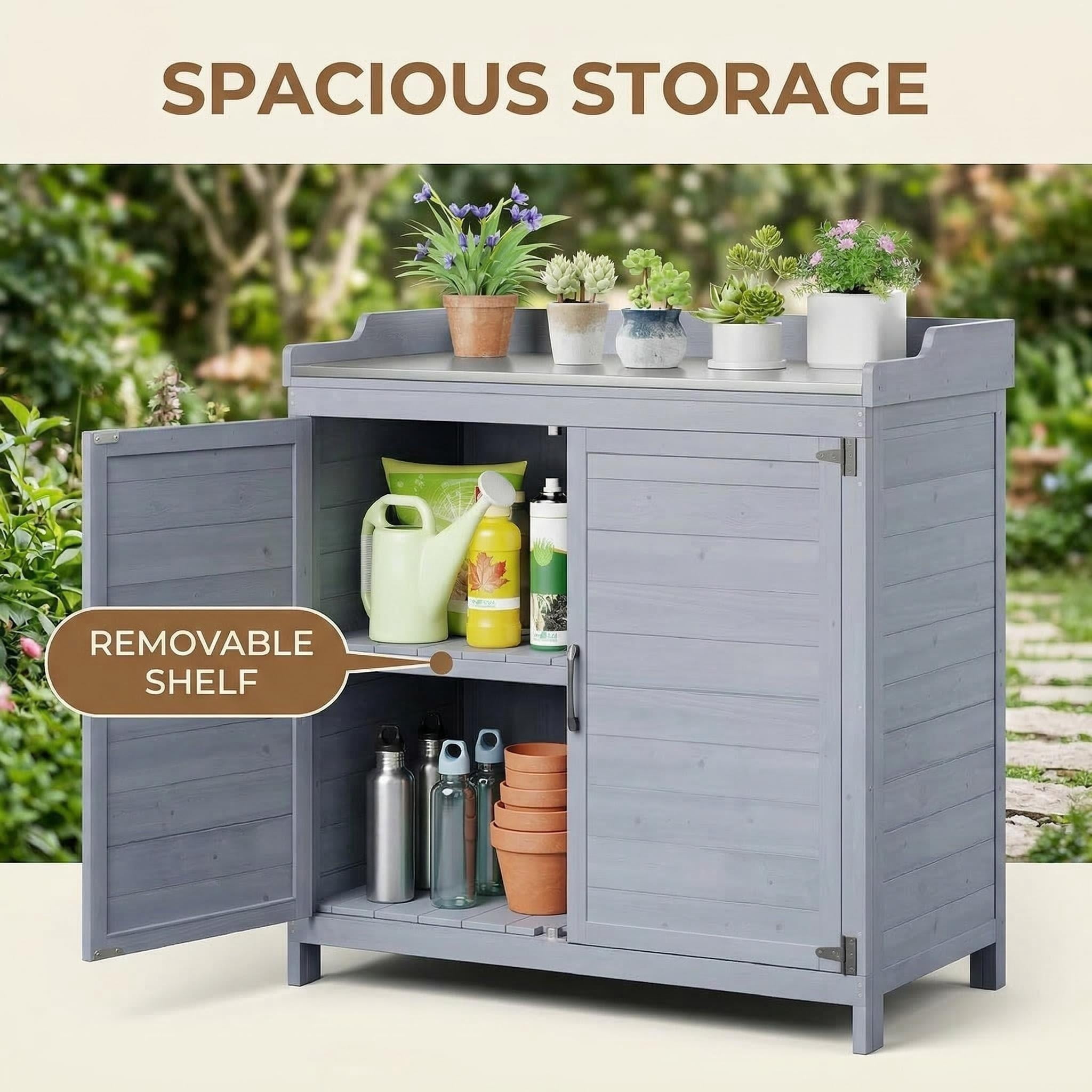 Lofka Outdoor Wooden Storage Cabinet with Potting Bench, Gray, Weatherproof Garden Work Station, Patio Tool Shed for Backyard