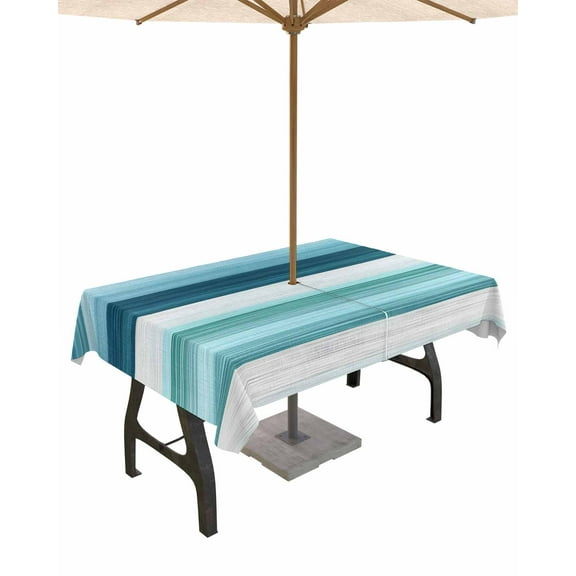 nqOlkjepod Teal Blue Green Outdoor Tablecloth with Umbrella Hole & Zipper, Modern Ombre Minimalism Abstract Stripes Rectangle Table Cover 52x70 Inch, Waterproof Table Cloth Protector for Patio