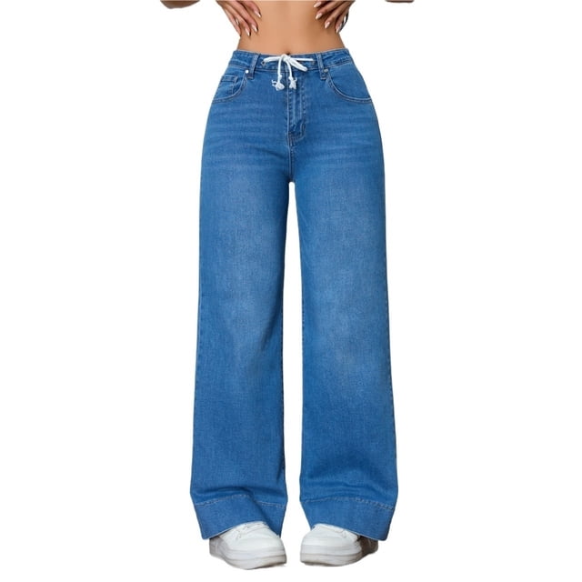 Vaqueros de pierna ancha for mujer, talle alto, holgados, pierna recta, pantalones de mezclilla elásticos, pantalones vaqueros elásticos con cordones y bolsillos