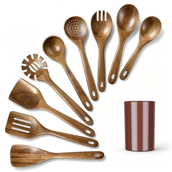 Vesteel 10-Piece Kitchen Utensil Set with Holder, Wooden Spoons for Cooking, Natural Acacia Wood Cooking Spoon Spatula Set, Heat-Resistant Kitchen Utensils Safe for Nonstick Cookware & Easy to Clean
