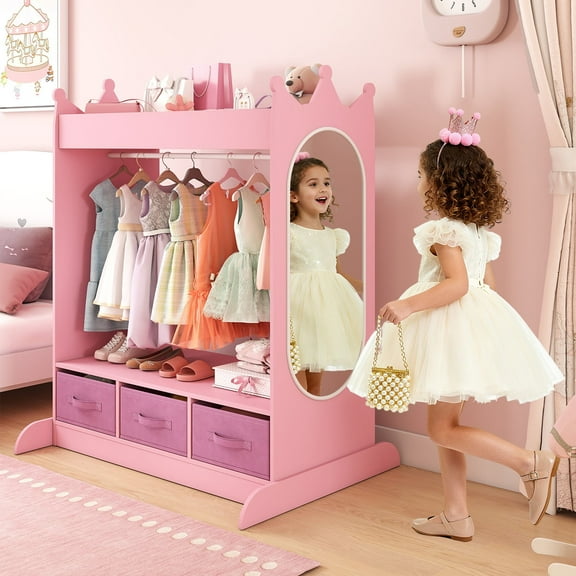 JOYLDIAS Kids Armoire Pretend Dress-Up Storage Openning Hanging Closet Wardrobe Girls Bedroom Furniture with Mirror, 3 Drawers(Pink)