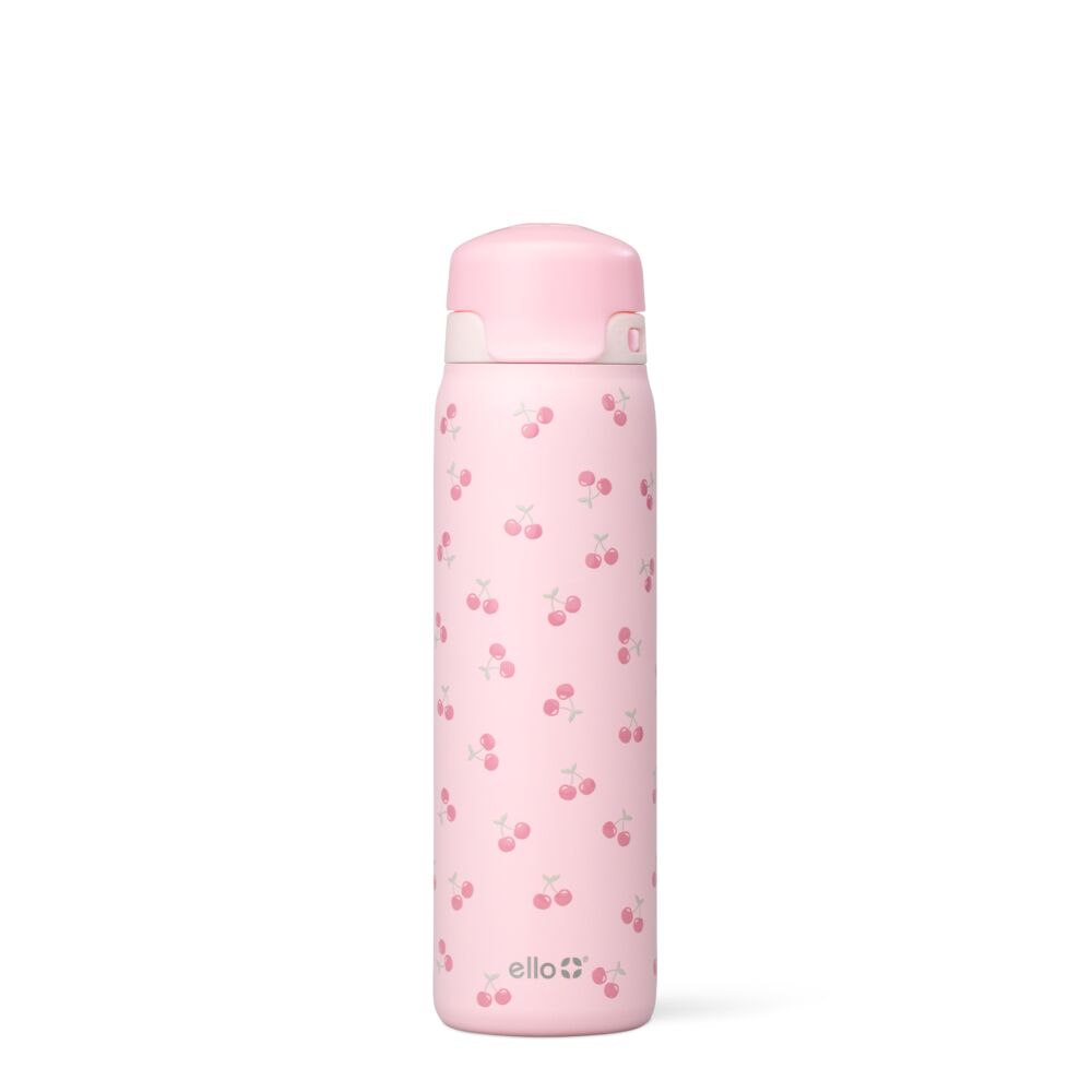 Ello Flip & Fill 22oz Insulated Stainless Steel Water Bottle, Leak-Proof Straw Lid, Cherries