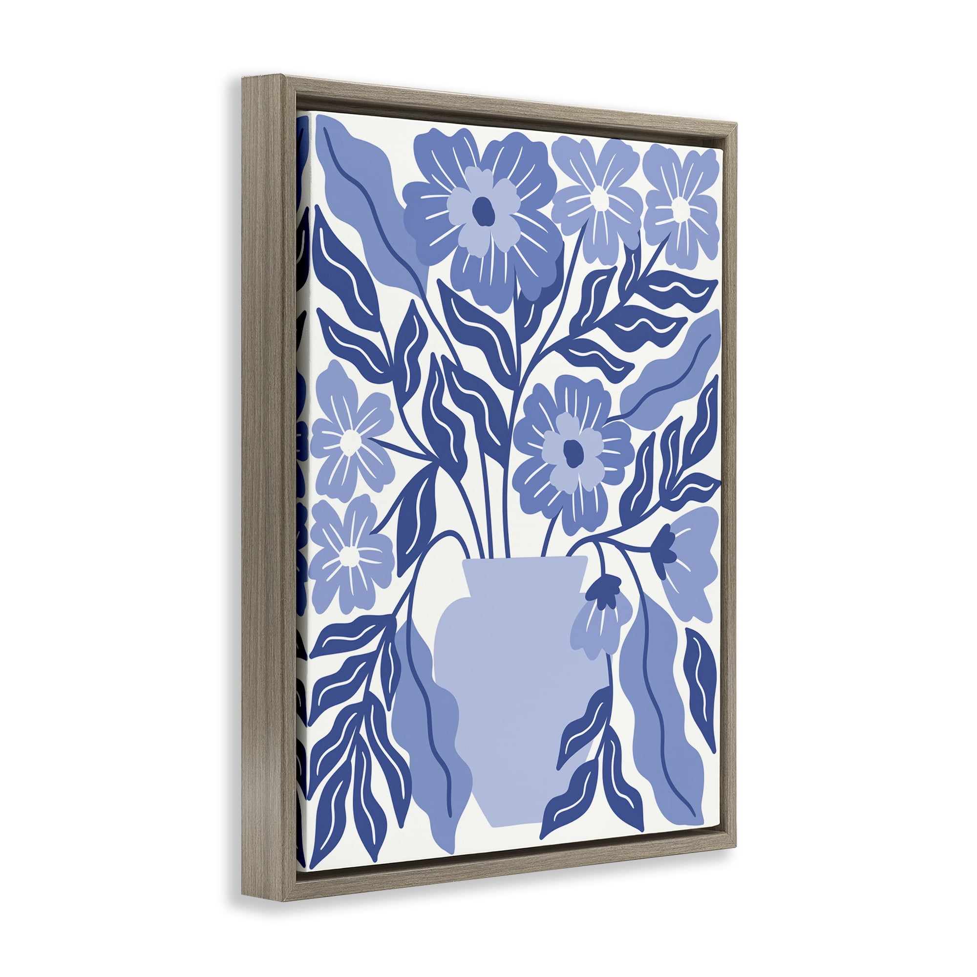 Stupell Industries Blue & White Flower Vase Plants & Flowers Painting Brown Floater Framed Canvas Art Print Wall Art, 17 x 21