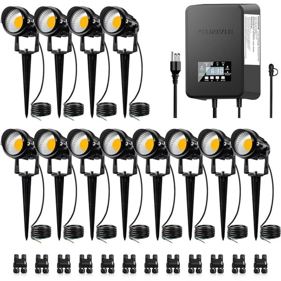 SUNVIE 12 Pack Low Voltage Landscape Lights with 300W Transformer LED Outdoor Spotlight for Garden