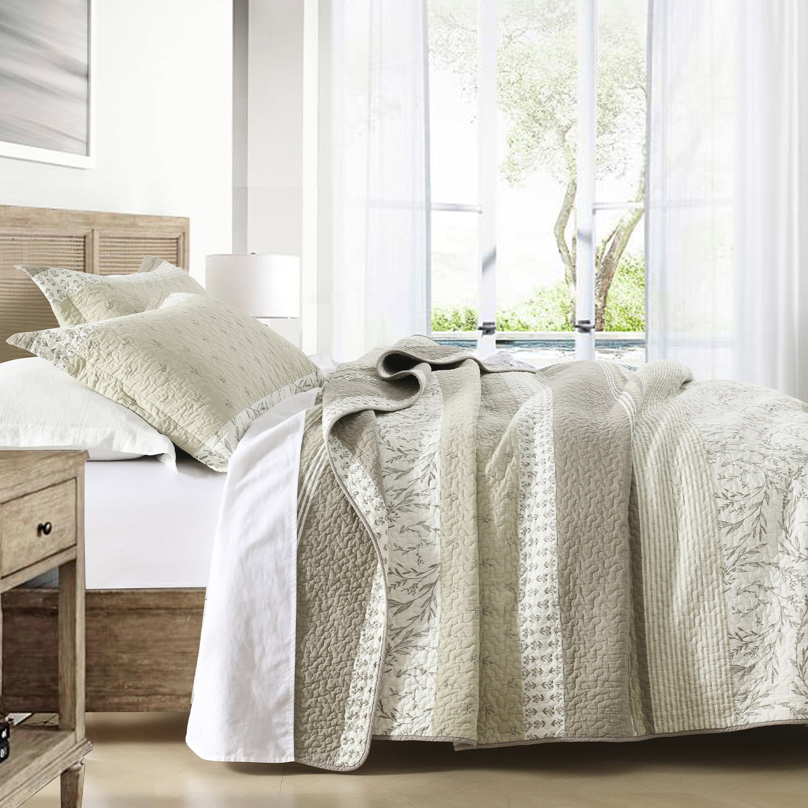SahSahCasa Quilt Set King Size - 100% Cotton Botanical Farmhouse Quilt King Size, Lightweight Striped Quilted Bedspread, Beige Khaki King Quilt Bedding Set All Season, 3 Pieces