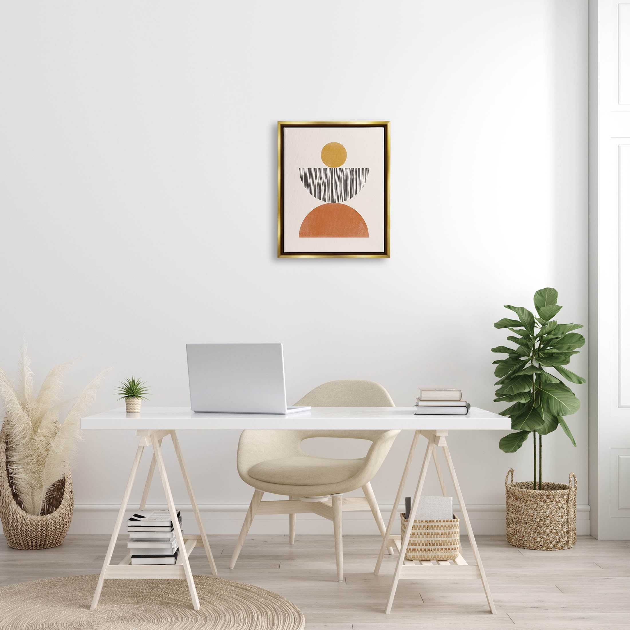 Stupell Industries Modern Balancing Shapes Stripes Pattern Graphic Art Metallic Gold Floating Framed Canvas Print Wall Art, Design by JJ Design House LLC