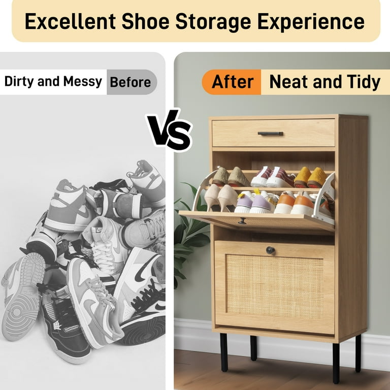 UBesGoo Shoe Cabinet Storage Organizer with 2 Rattan Doors Entryway Wooden Cabinet for Sneakers Leather Shoes High Heels Slippers Natural Walmart