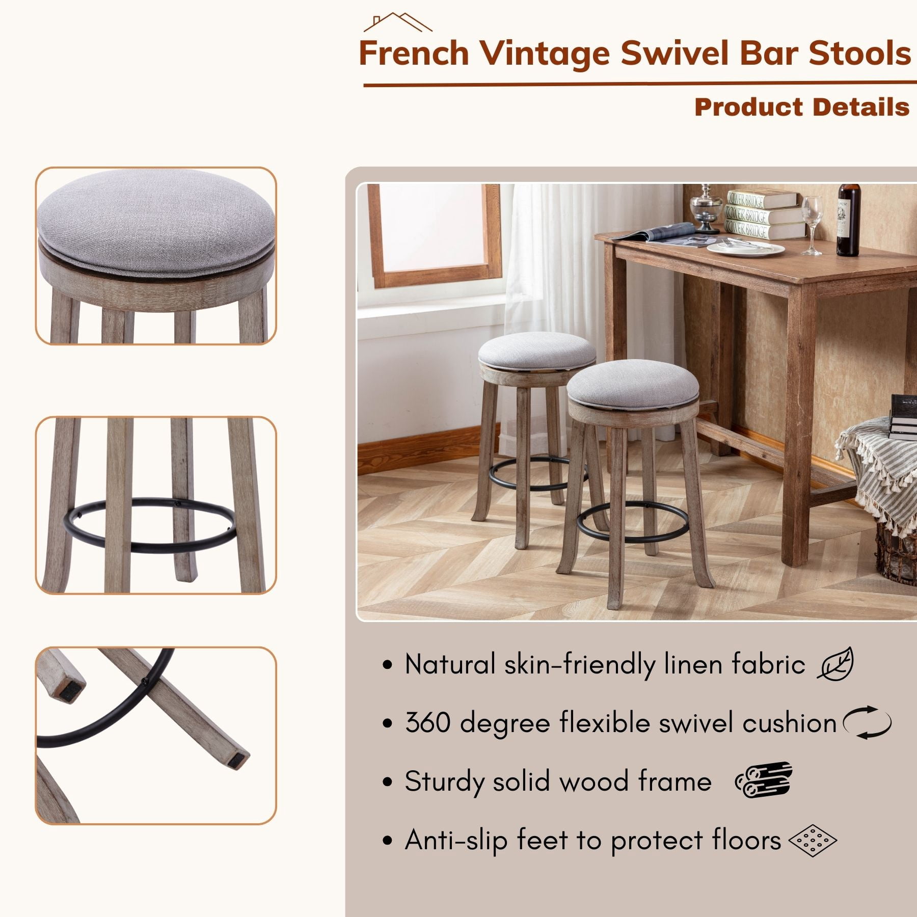 Dayalane Farmhouse 360° Swivel Bar Stools Set of 2, 25.6" Counter Height Round Linen Barstools with Wood Legs and Footrest, Backless Kitchen Island Chairs for Dining Room, Pub, Coffee Bar,Grey