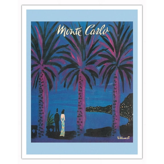 Monte Carlo - Winter Season (Saison D'Hiver) - Vintage Travel Poster by Bernard Villemot c.1967 - Fine Art Matte Paper Print (Unframed) 11x14in