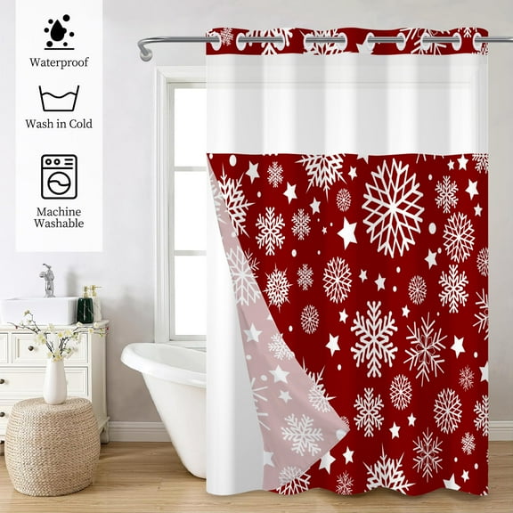 Mizhona Red Christmas No Hooks Shower Curtains with Snap in Liner White Snowflake in Red Hookless Fabric Bathroom Curtain,71"× 74"