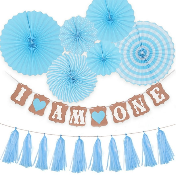 Kit de globos azules con borlas en forma de abanico de papel, 17 unidades, para fiesta de cumpleaños