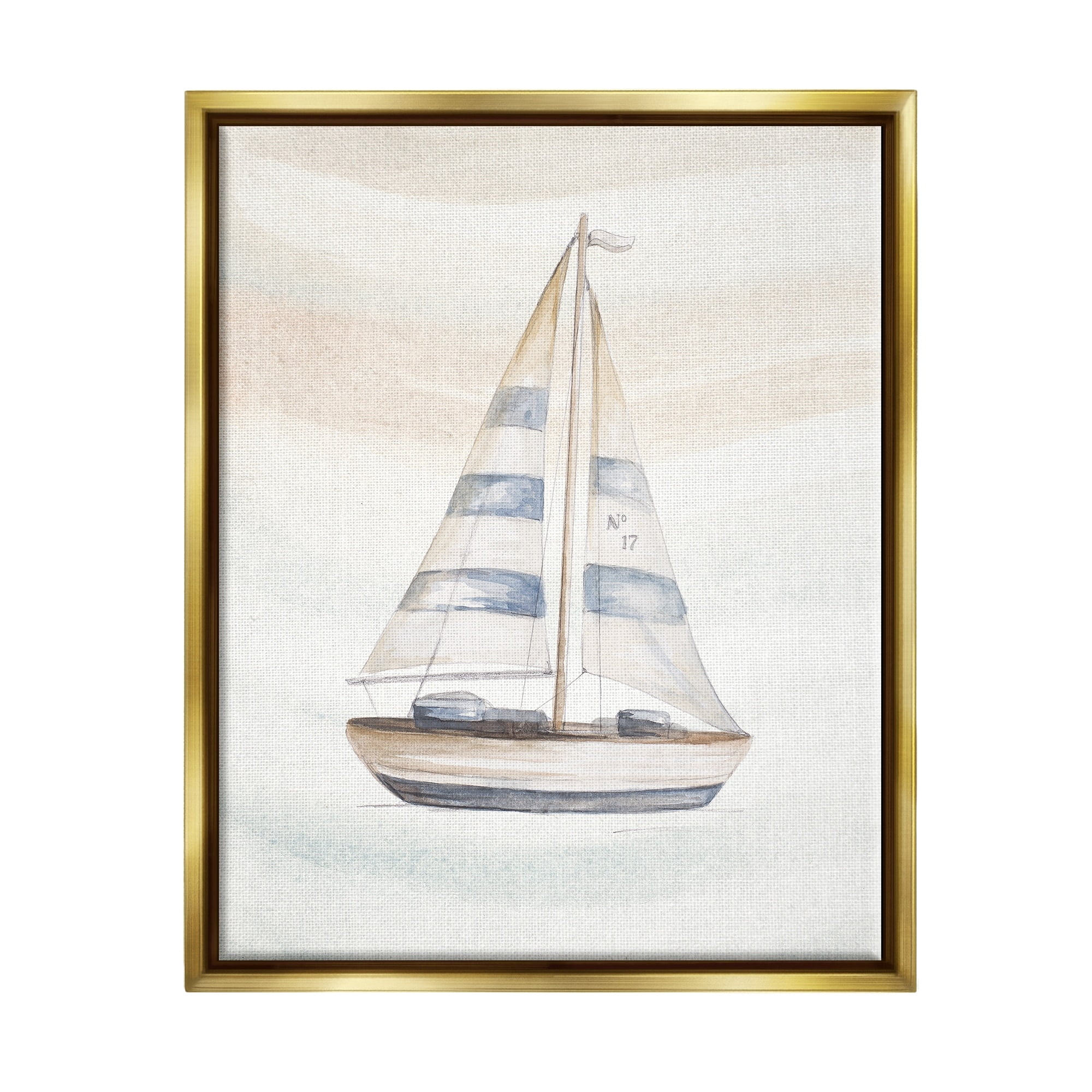 Stupell Industries Nautical Sailboat Drifting Pale Abstract Ocean Waves Graphic Art Metallic Gold Floating Framed Canvas Print Wall Art, Design by Patricia Pinto