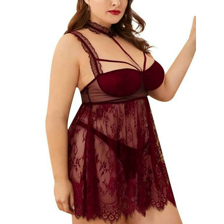 JustVH Women Plus Size Lace Sexy Babydoll Underwear Suspender Nightdress 
