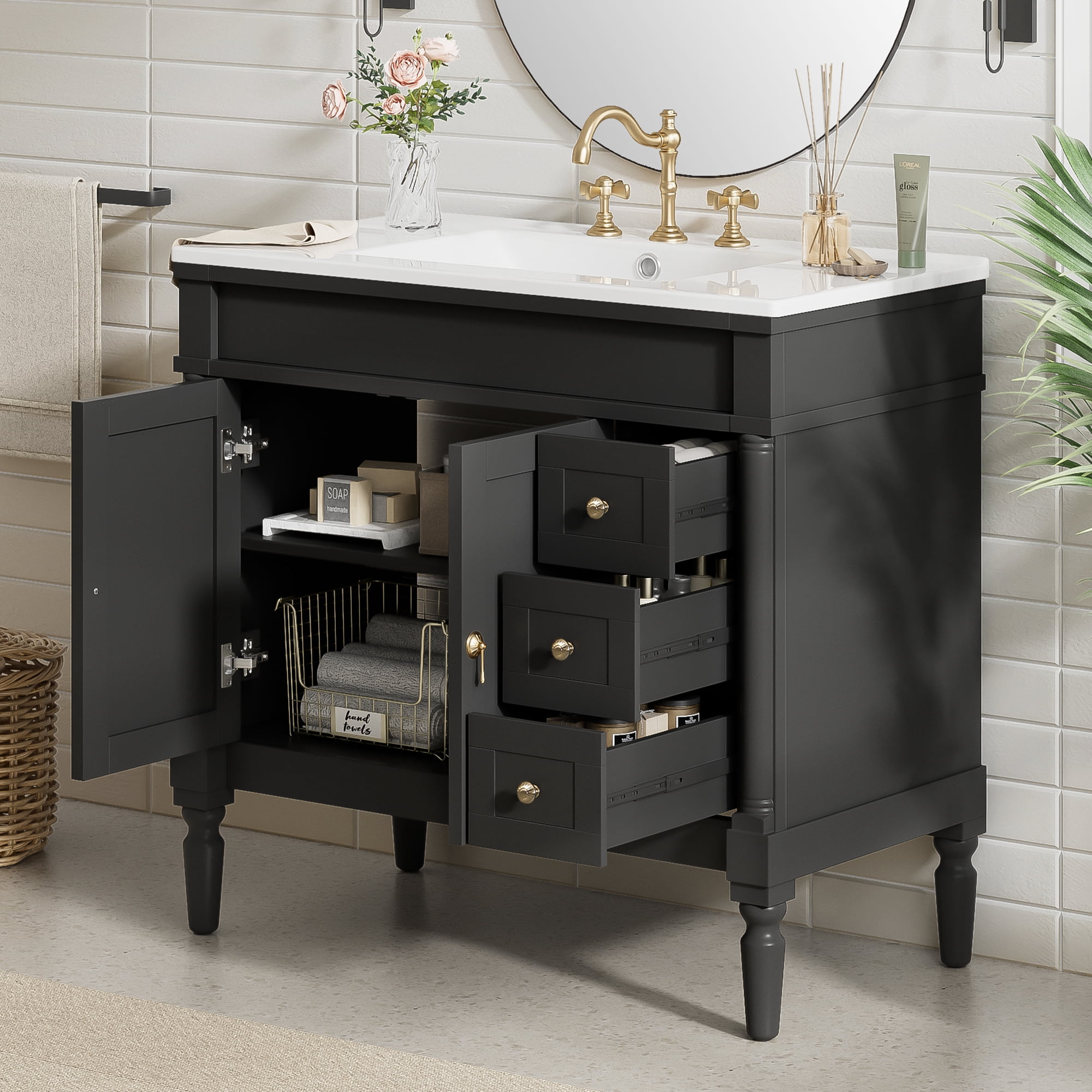 Euroco 36" Bathroom Vanity with Ceramic Sink, Soft Close Doors, Adjustable Shelves, Modern Storage Cabinet for Small and Medium Bathrooms