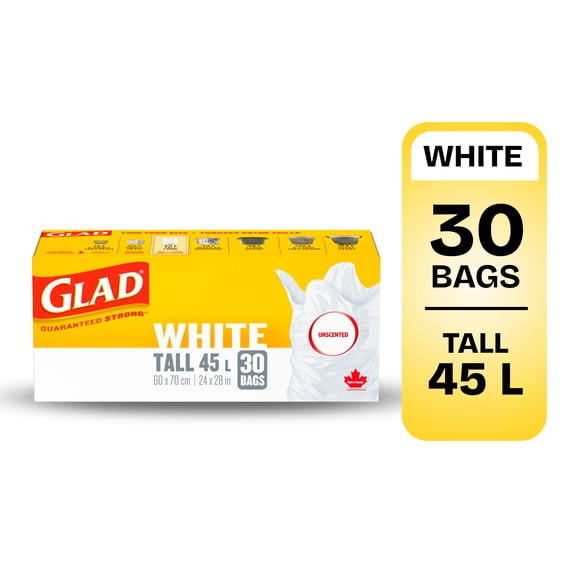 Sacs à ordures blancs de Glad, boîte de 30 sacs à ordures longs non parfumés