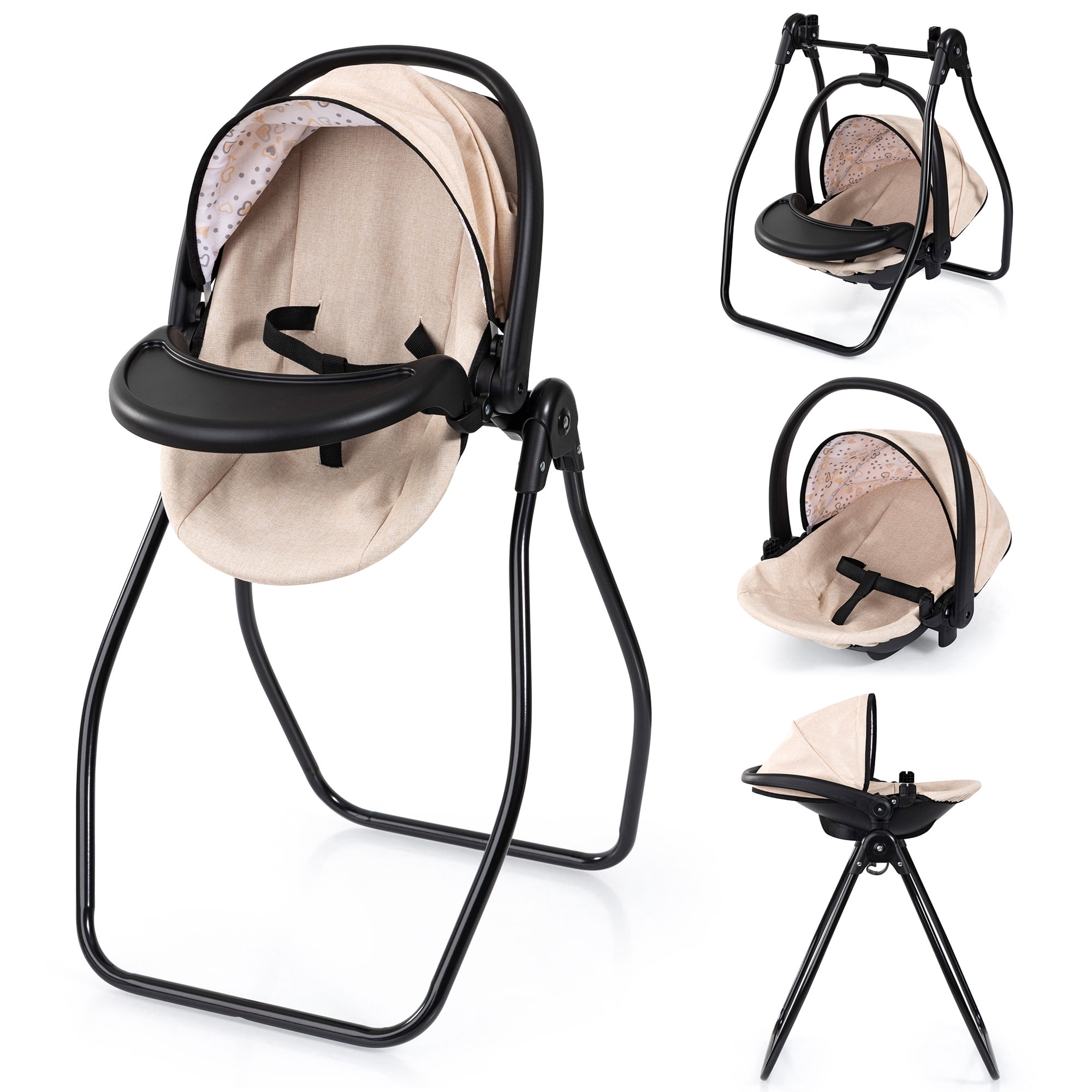 Bayer Design: Doll 4-In-1 Vario - Beige-Black-Hearts - Convertible Toy: Highchair-Swing-Bed-Car Seat, All-In-1 Care Accessory Fits 18" Dolls, Kids 3+