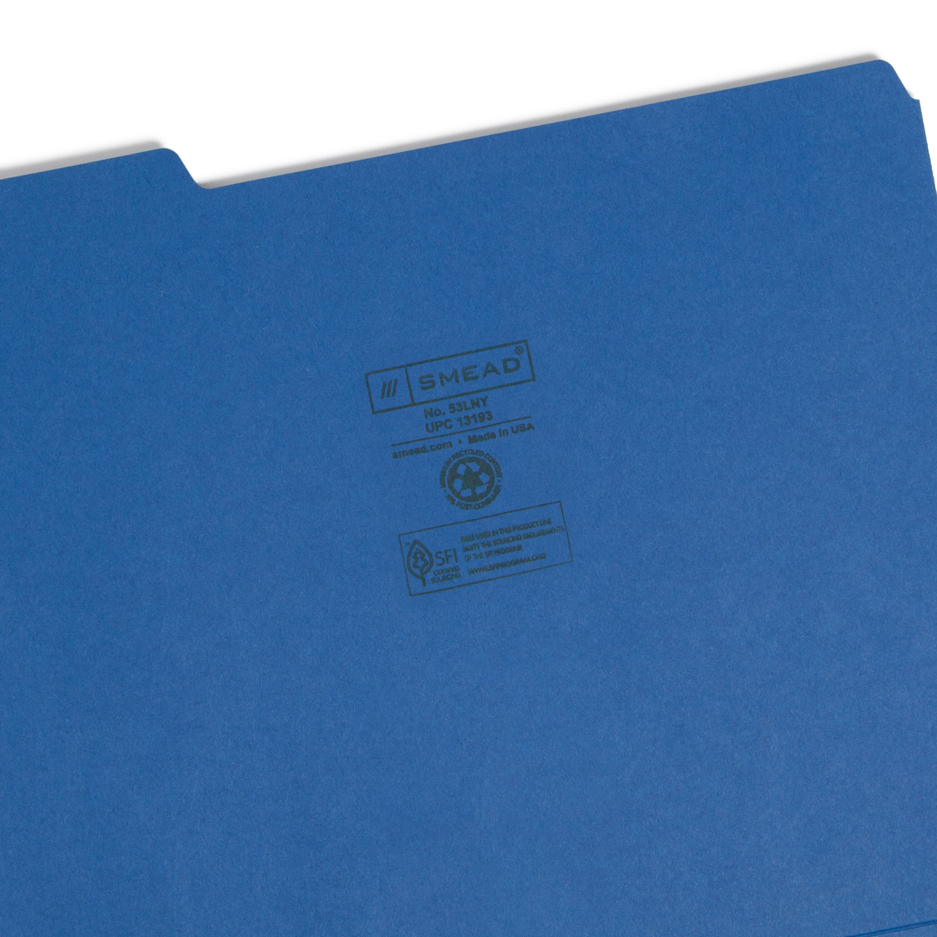 Smead File Folders with Single-Ply Tab Letter - 8 1/2" x 11" Sheet Size - 3/4" Expansion - 1/3 Tab Cut - Top Tab Location - Assorted Position Tab Position - 11 pt. Folder Thickness - Navy Blue - 1.02