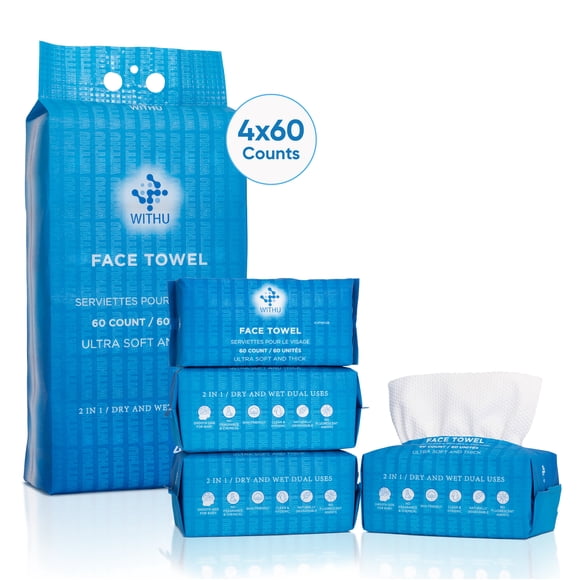 WITHU Disposable Face Towels, Ultra Soft Biodegradable Makeup Remover Wipes, Hypoallergenic Lint-Free Towelette, Facial Cleansing, All Skin Types240Ct
