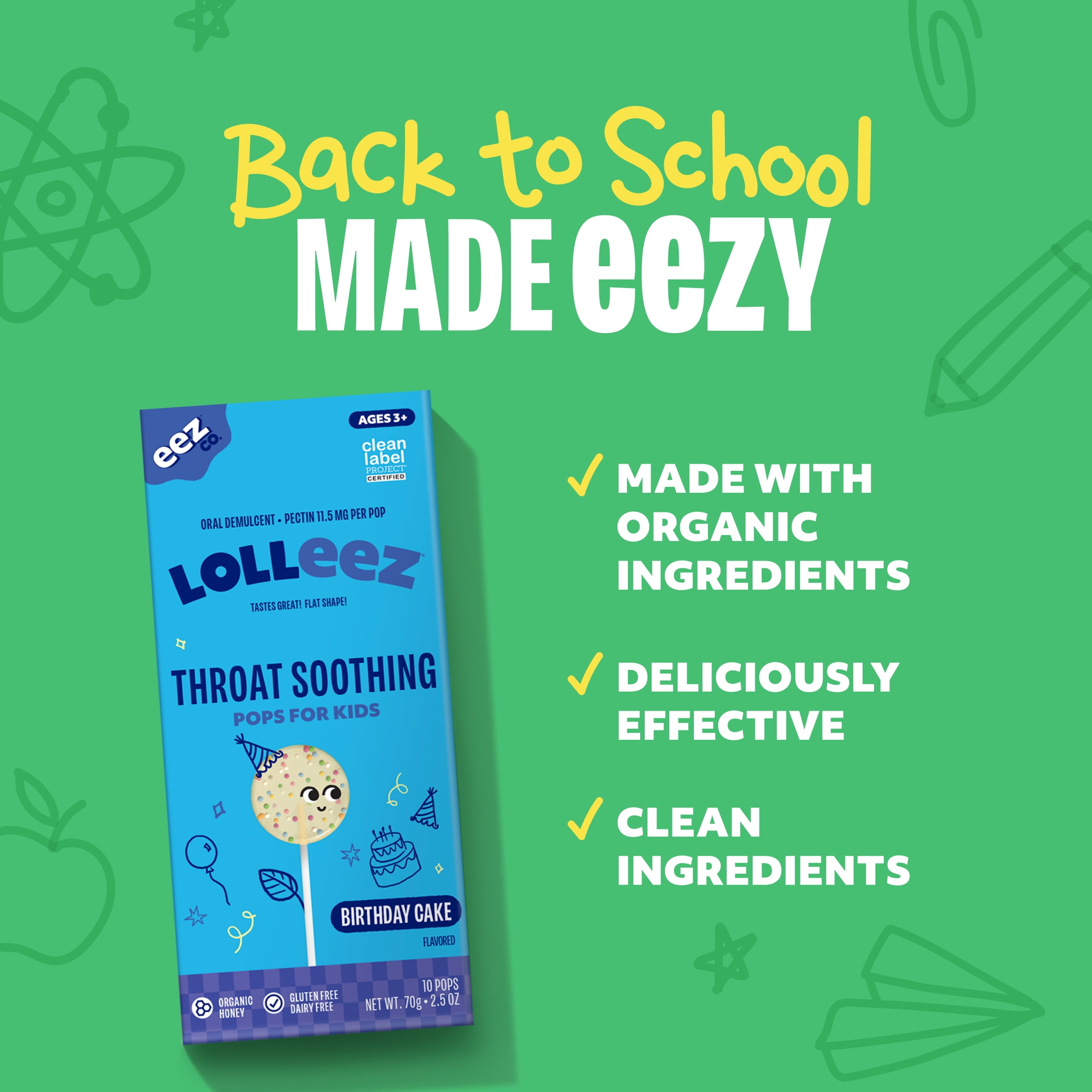 Lolleez by EEZ Co.  Throat Soothing Lollipops for Kids, Birthday Cake, 10 Count
