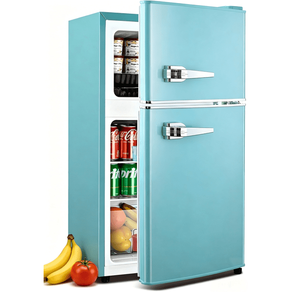 GGTB 3.0 cu.ft Retro Compact Refrigerator, Double Door Fridge with Freezer, Adjustable Thermostat & Glass Shelves for Dorm, Bedroom, Apartment, Office, Mint Blue