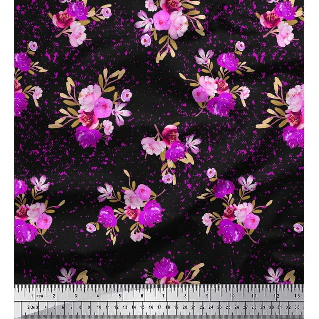 Soimoi Purple Poly Georgette Fabric Leaves & Floral Print Sewing Fabric BTY 52 Inch Wide