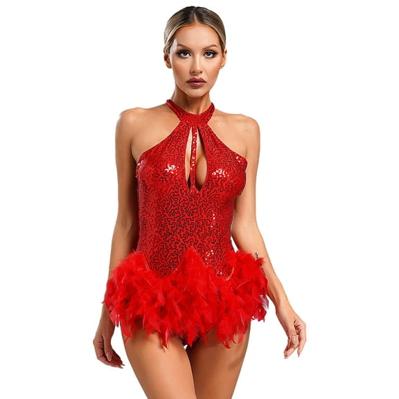 iiniim Sequins Leotard for Women Feathers Cocktail Ballroom Rumba Salsa Dance Dress Bodysuit Tops Red L