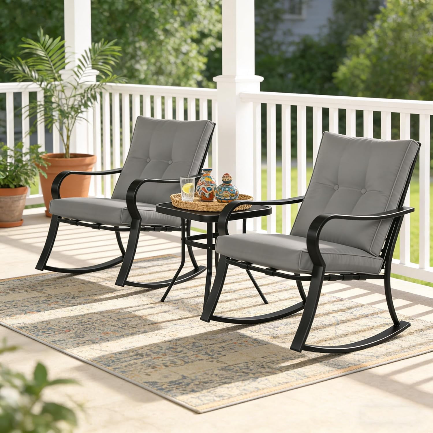 SUNCROWN 3-Piece Outdoor Patio Bistro Set Black Metal Rocking Chairs and Table with Gray Cushions